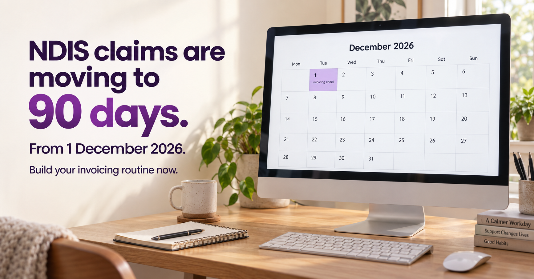 A sunlit workspace with a desktop monitor displaying a December 2026 calendar and an invoicing reminder highlighted on 1 December. Bold purple text reads, “NDIS claims are moving to 90 days. From 1 De